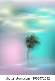 Realistic vector illustration of a palm tree on the background of the sea and sky with clouds