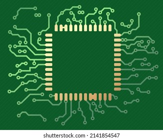 Ilustración vectorial realista de la placa PCB en tonos verdes y dorados con agujeros en la placa de circuito y almohadillas de contacto de oro