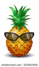 Realistic vector illustration of pineapple wearing sunglasses. Pineapple juice, tropical fruit, summer resort. Vacation concept. For topics like fruit, summer, travel