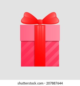 Realistic vector illustration of pink gift box with red ribbon and bow, isolated on white background.