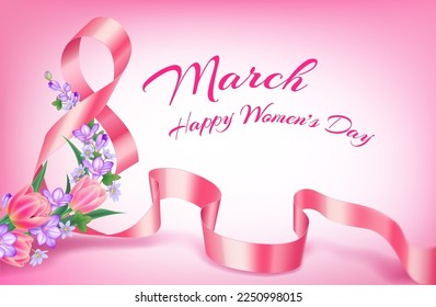 Realistic vector illustration with pink ribbon and flowers on pink background. Happy Women's Day, 8 March greeting card