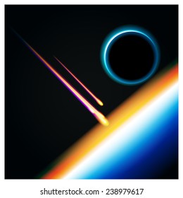 Realistic vector illustration of a planet's orbit with falling into the atmosphere by meteorites. can be used in your design, advertising, animation etc.