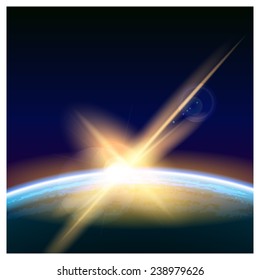 Realistic vector illustration of the planet's orbit and the view of the sun rising over it from space. can be used in your design, advertising production, animation, etc.