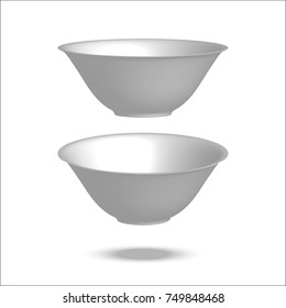 Realistic vector illustration plate. Empty bowl. Isolated on white background. View from above. Set of empty white plates and bowls. Kitchen utensils. 3d mock up