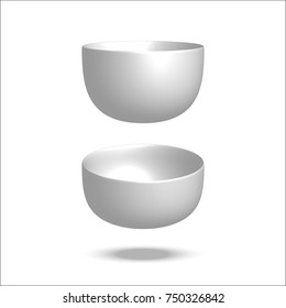 Realistic vector illustration plate. Empty bowl. Isolated on white background. View from above. Set of empty white plates and bowls. Kitchen utensils. 3d mock up