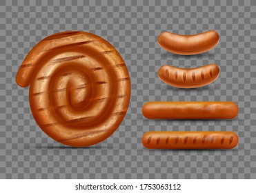 Realistic vector illustration of pork or beef grill sausages set, isolated on dark transparent background. Classic BBQ sausages and rolled in coil fried on barbecue. Tasty unhealthy meat food.