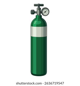 Ilustração de vetor realista de um cilindro de oxigênio portátil - Tanque de oxigênio médico verde com regulador