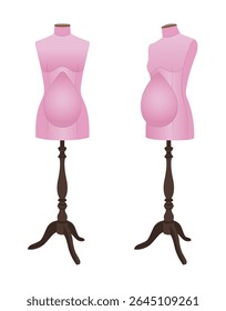 Realistic vector illustration of pregnant tailor mannequins for sewing maternity clothing. Female dress forms with baby bump for fashion design and garment fitting.