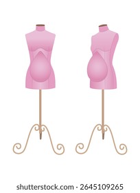Ilustração vetorial realista de manequins de alfaiate grávidas para costurar roupas de maternidade. Formas de vestido feminino com colisão de bebê para design de moda e acessórios de vestuário.