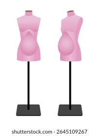 Ilustração vetorial realista de manequins de alfaiate grávidas para costurar roupas de maternidade. Formas de vestido feminino com colisão de bebê para design de moda e acessórios de vestuário.