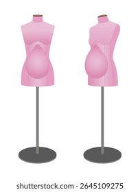 Ilustração vetorial realista de manequins de alfaiate grávidas para costurar roupas de maternidade. Formas de vestido feminino com colisão de bebê para design de moda e acessórios de vestuário.