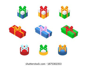 Realistic vector illustration present and gift boxes with ribbon bows isolated on white background. Isometric gift boxes set icons in flat cartoon style. Present boxes with ribbon bow illustration.