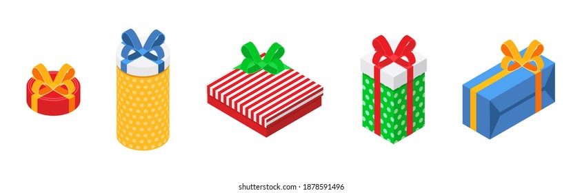 Realistic vector illustration present and gift boxes with ribbon bows isolated on white background. Isometric gift boxes set icons in flat cartoon style. Present boxes with ribbon bow illustration.