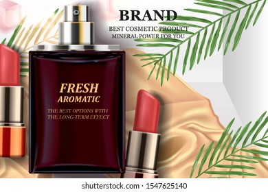 Realistic vector illustration for presentation of cosmetic product. Body and skin care product on green palm leaves background. Lipstick and perfumes on drapery silk background. 3d realistic vector.