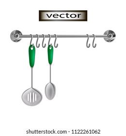 Realistic Vector illustration, railing storage system hang on the wall of kitchen and bathroom, equipment for convenient use of kitchen utensils with cooking appliances, spoon and skimmer