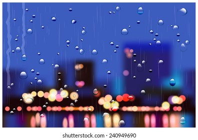Realistic vector illustration of rainy city streets with bokeh. layers for easy and quick editing. possible to use as horizontal seamless background