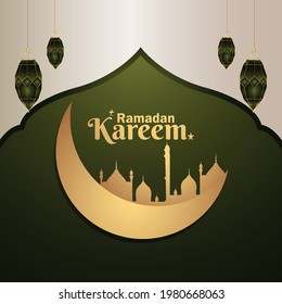 Realistische Vektorgrafik von ramadan kareem Fest Grußkarte mit goldenem Mond und Laterne