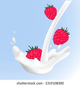 Realistic vector illustration raspberry sweet milk splashes.