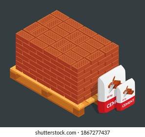 Realistic vector illustration red bricks on a wooden pallet and cement bags. Cartoon vector flat illustration bricks and cement. 3D isometric vector red bricks and cement icon. Building materials.