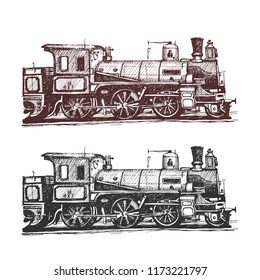  Realistic vector illustration of retro train in vintage engraving technique