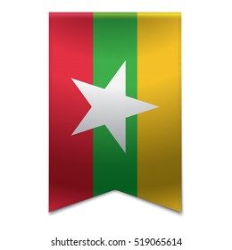 Realistic vector illustration of a ribbon banner with the myanma flag. Could be used for travel or tourism purpose to Myanmar.