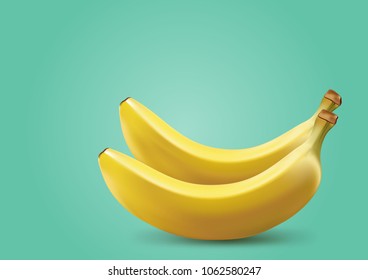 Realistic vector illustration of ripe yellow bananas bunch isolated on solid color background. 3D model illustrate, copy and logo space for design.