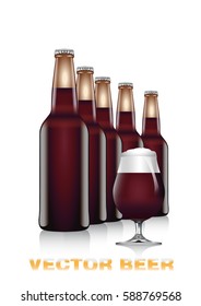 Realistic vector illustration of row of dark beer bottles and glass 