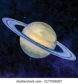 Realistic vector illustration of Saturn planet in space with stars. Graphic, colored hand-drawn sketch. Imitation of watercolor painting. Clip art. Template.