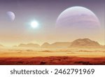 realistic vector illustration of science fiction cinematic image of planet with dark blue, purple and yellow sky with sun, stars, two distant moons, red rock and sand surface and mountains in distance