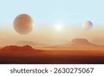 realistic vector illustration of science fiction planet with blue, purple, yellow and orange sky with sun, halo, two moons, red rock and sand barren desert surface, mist, and mountains