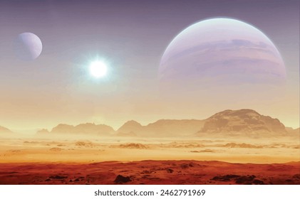 realistic vector illustration of science fiction cinematic image of planet with dark blue, purple and yellow sky with sun, stars, two distant moons, red rock and sand surface and mountains in distance