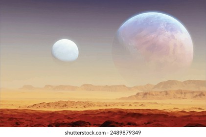 Realistische Vektorillustration des Science-Fiction-Kinoplaneten mit blauem, violettem und gelbem Himmel mit zwei Monden, rotem Fels und Sandwüstenoberfläche und Bergen in der Ferne