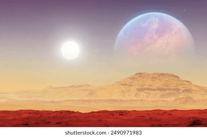 realistic vector illustration of science fiction cinematic planet with  blue, purple and yellow sky with sun, moon, red rock and sand desert surface and mountains