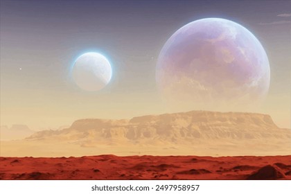 realistische Vektorgrafik der Science-Fiction-Filmabbildung des Planeten mit dunkelblauem, violettem und gelbem Himmel mit Sternen, zwei fernen Monden, roter Felsen und Sandfläche und Bergen in der Ferne