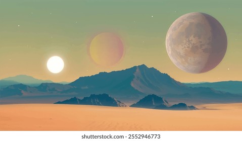 ilustração vetorial realista de planeta de ficção científica no espaço profundo com céu azul, roxo, laranja e amarelo com sol, estrelas, duas luas, rochas e superfície de deserto de areia e montanhas à distância