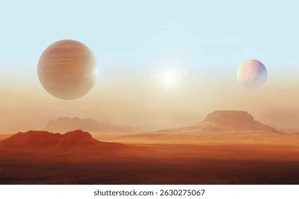 realistic vector illustration of science fiction planet with blue, purple, yellow and orange sky with sun, halo, two moons, red rock and sand barren desert surface, mist, and mountains
