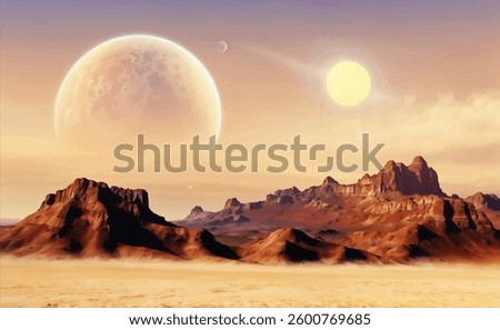 realistic vector illustration of science fiction cinematic planet with blue, purple and yellow sky with sun, stars, clouds, two distant moons, red rock and sand desert barren surface and mountains