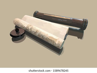 A realistic vector illustration of a scroll. Megillat Esther called on Purim. With its storage box