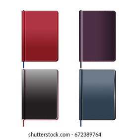 Realistic vector illustration set of 4 notebook with bookmark isolated on white background. Multicolor covers design sketchbook. Template for graphic designer and . Mock up concept of corporate style.