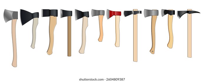 Realistic vector illustration. Set of axes. Construction and gardening tools.