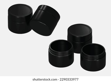Realistische Vektorgrafik von Set schwarzen Kosmetikbehältern ohne Deckel und mit Deckel.