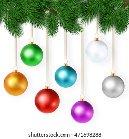 realistic vector illustration with set of bright colorful christmas balls are hanging on a branch of christmas tree.