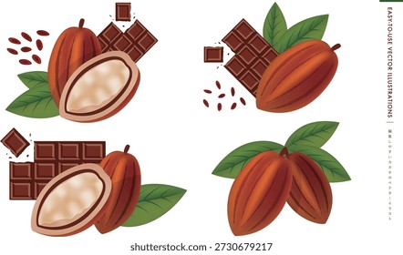 Conjunto de ilustrações vetoriais realistas que retratam cacau e barras de chocolate: quatro variações, incluindo seções transversais e vagens apenas.