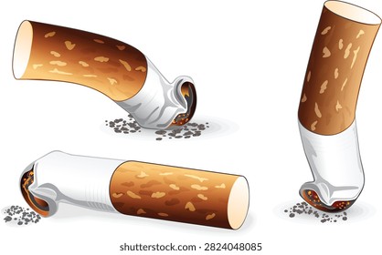 A realistic vector illustration set detailing extinguished cigarette butts with orange-glowing embers and gray ash. Each smoke stub features the classic textured brown filter tip and a crumpled white body, capturing the gritty details of a crushed cigarette. This graphic asset is perfect for healthcare campaigns, anti-smoking posters, environmental pollution awareness graphics, and educational editorial designs highlighting the dangers of tobacco addiction.#CigaretteButt #AntiSmoking #SmokingCessation #TobaccoWaste #NicotineAddiction #HealthcareGraphic #EnvironmentalLitter #SmokeFree #CigaretteFilter #VectorIllustration