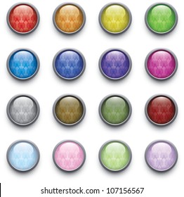 Realistic vector illustration of a set of glossy buttons with metal frames and a retro wallpaper texture.