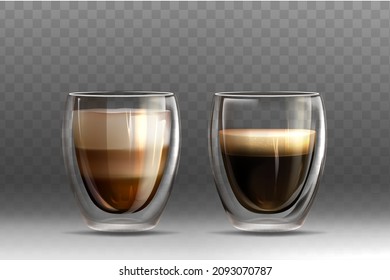 Realistic vector illustration set of hot coffee in glass cups with double walled on grey background. Americano and cappuccino drink with milk foam. Mockup template for branding or product design.