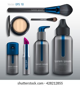 Realistic vector illustration of a set of makeup, lipstick, powder, kistoka, deodorant, cream foundation. Template cosmetics, label design. Blue, gray