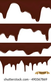 Realistic vector illustration, set of melted chocolate dripping on white background