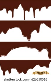 Realistic vector illustration, set of melted chocolate dripping on white background.