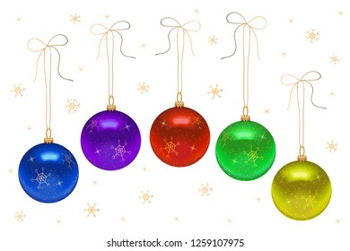 Realistic vector illustration. Set of multicolored Christmas balls for your design. Merry Christmas. Happy New Year.  Snowflakes. The time of miracles. Isolated elements on white background. Magic.